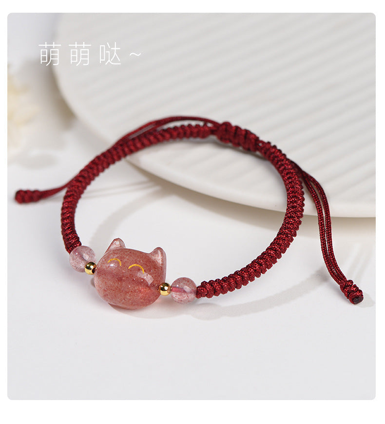 #JB1006S Silver obsidian natrual stone lucky cat bracelet stewberry crystal lucky cat  best gift for girl