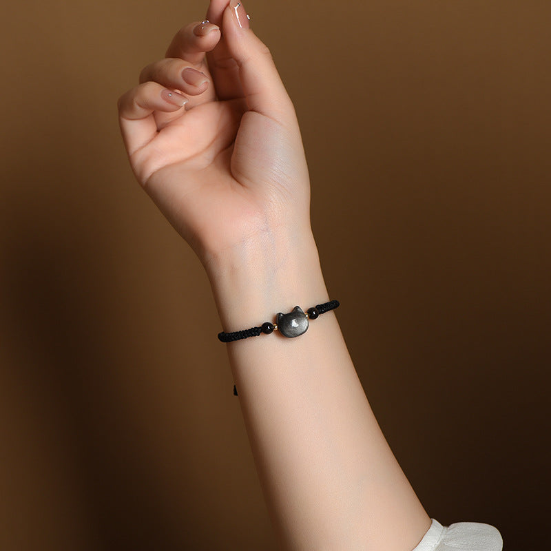 #JB1006S Silver obsidian natrual stone lucky cat bracelet stewberry crystal lucky cat  best gift for girl