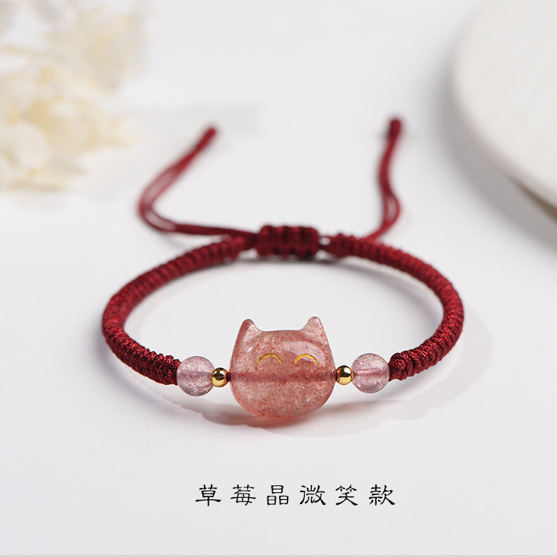 #JB1006S Silver obsidian natrual stone lucky cat bracelet stewberry crystal lucky cat  best gift for girl