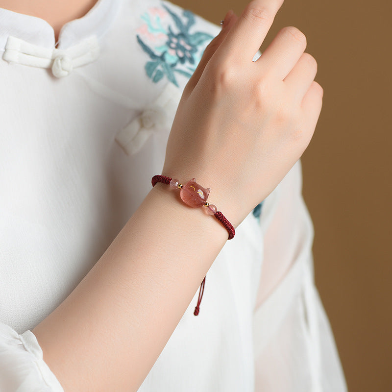 #JB1006S Silver obsidian natrual stone lucky cat bracelet stewberry crystal lucky cat  best gift for girl