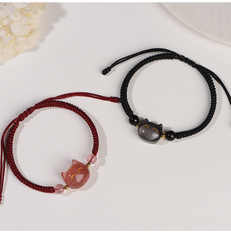 #JB1006S Silver obsidian natrual stone lucky cat bracelet stewberry crystal lucky cat  best gift for girl