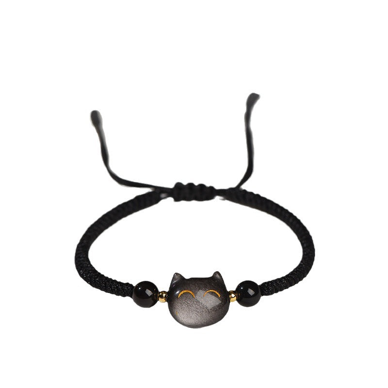 #JB1006S Silver obsidian natrual stone lucky cat bracelet stewberry crystal lucky cat  best gift for girl