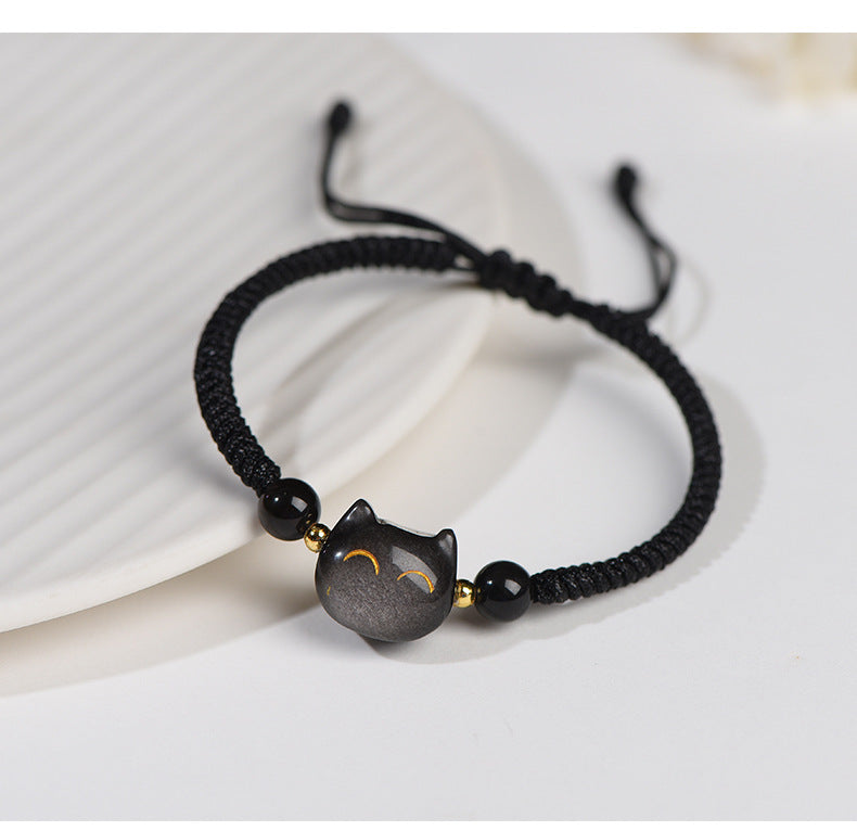 #JB1006S Silver obsidian natrual stone lucky cat bracelet stewberry crystal lucky cat  best gift for girl