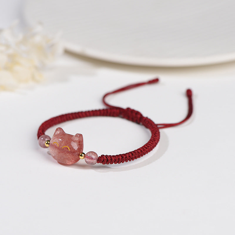#JB1006S Silver obsidian natrual stone lucky cat bracelet stewberry crystal lucky cat  best gift for girl