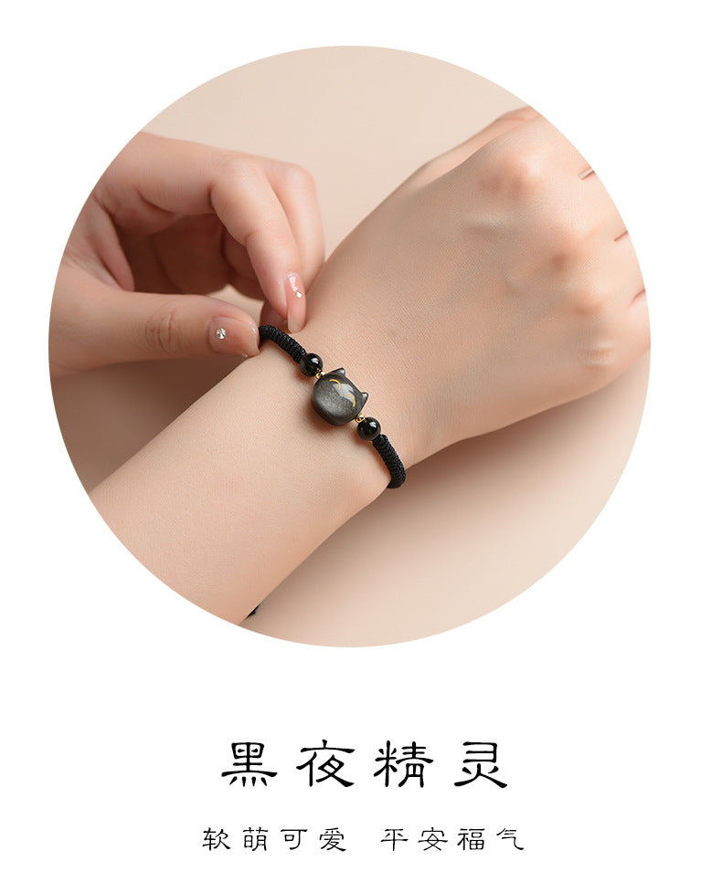 #JB1006S Silver obsidian natrual stone lucky cat bracelet stewberry crystal lucky cat  best gift for girl