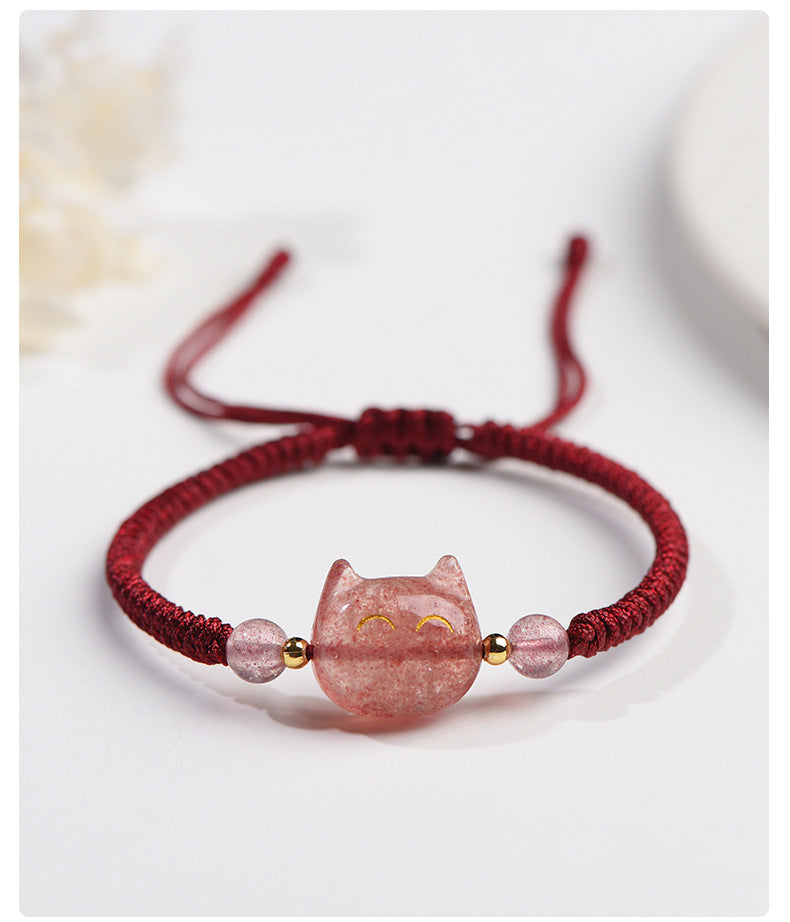 #JB1006S Silver obsidian natrual stone lucky cat bracelet stewberry crystal lucky cat  best gift for girl