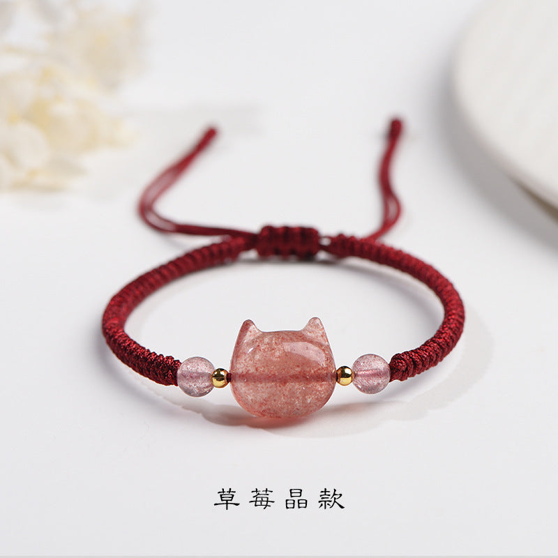 #JB1006S Silver obsidian natrual stone lucky cat bracelet stewberry crystal lucky cat  best gift for girl
