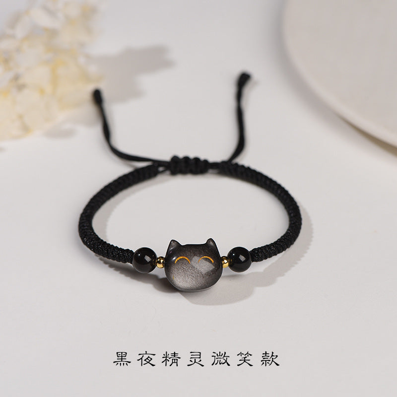 #JB1006S Silver obsidian natrual stone lucky cat bracelet stewberry crystal lucky cat  best gift for girl
