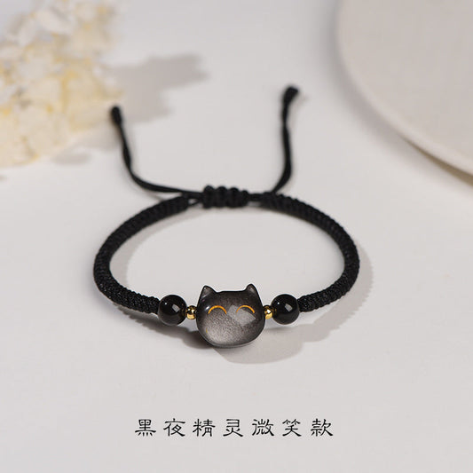 #JB1006S Silver obsidian natrual stone lucky cat bracelet stewberry crystal lucky cat  best gift for girl
