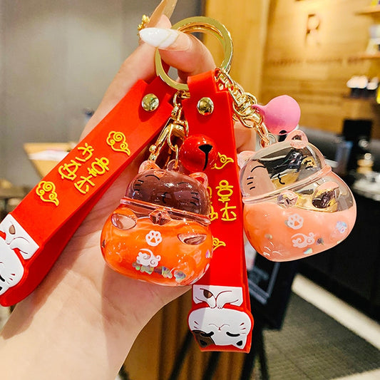#HA1005 Liquid filled  keychain Lucky Cat keyring Cute Maneki Wristband Keychain For Women Bag Pendent