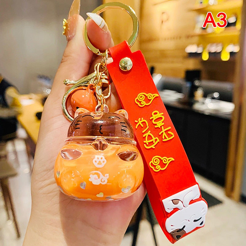 #HA1005 Liquid filled  keychain Lucky Cat keyring Cute Maneki Wristband Keychain For Women Bag Pendent