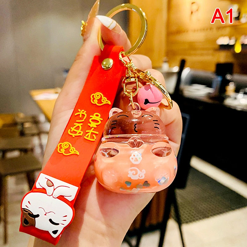 #HA1005 Liquid filled  keychain Lucky Cat keyring Cute Maneki Wristband Keychain For Women Bag Pendent