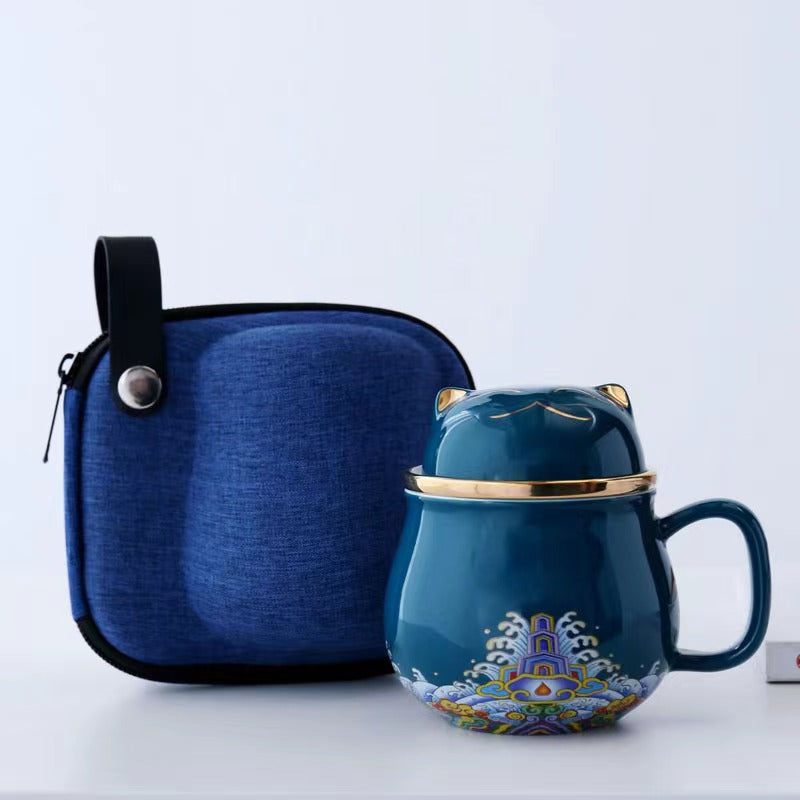 #HD1021 Fortune cat Portable Teapot Set 320 ml for Outdoor Travel Ceramic with Tea Filter Tea Cup